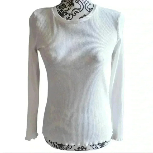 SELECTED Femme Long Sleeve Ribbed Tee Lettuce Hem White Crew Neck Women's Medium - Picture 2 of 13